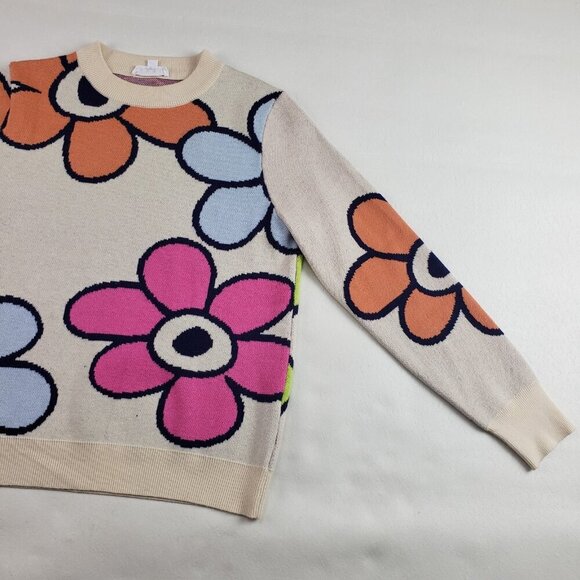 THML Flower Power Retro Sweater Womens Small Cream Colorful Long Sleeve Knit - Picture 4 of 10